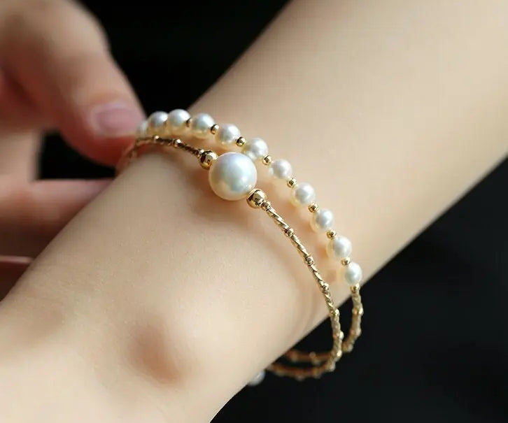 4-10mm Natural High Luster Pearl 14K Gold Filled White Pearl Bracelets, Freshwater Baby Pearl Bracelets, Two Layer Bracelets, Gift Idea Etsy