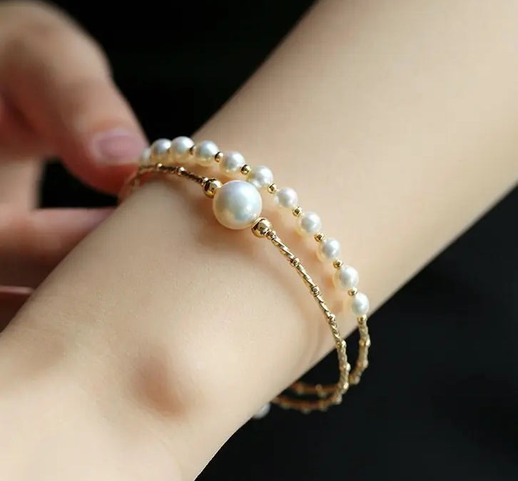 4-10mm Natural High Luster Pearl 14K Gold Filled White Pearl Bracelets, Freshwater Baby Pearl Bracelets, Two Layer Bracelets, Gift Idea Etsy