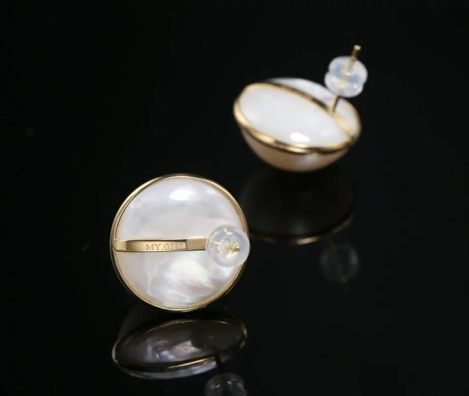 17/18/19mm Natural Mabe Pearl Earrings Handmade 18k Solid Yellow Gold Mabe Pearl Earrings, Seawater Pearl Earrings, Gift Idea for Mom - LaCorserArtJewelry