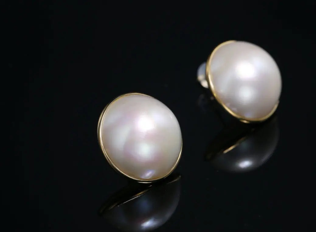 17/18/19mm Natural Mabe Pearl Earrings Handmade 18k Solid Yellow Gold Mabe Pearl Earrings, Seawater Pearl Earrings, Gift Idea for Mom - LaCorserArtJewelry