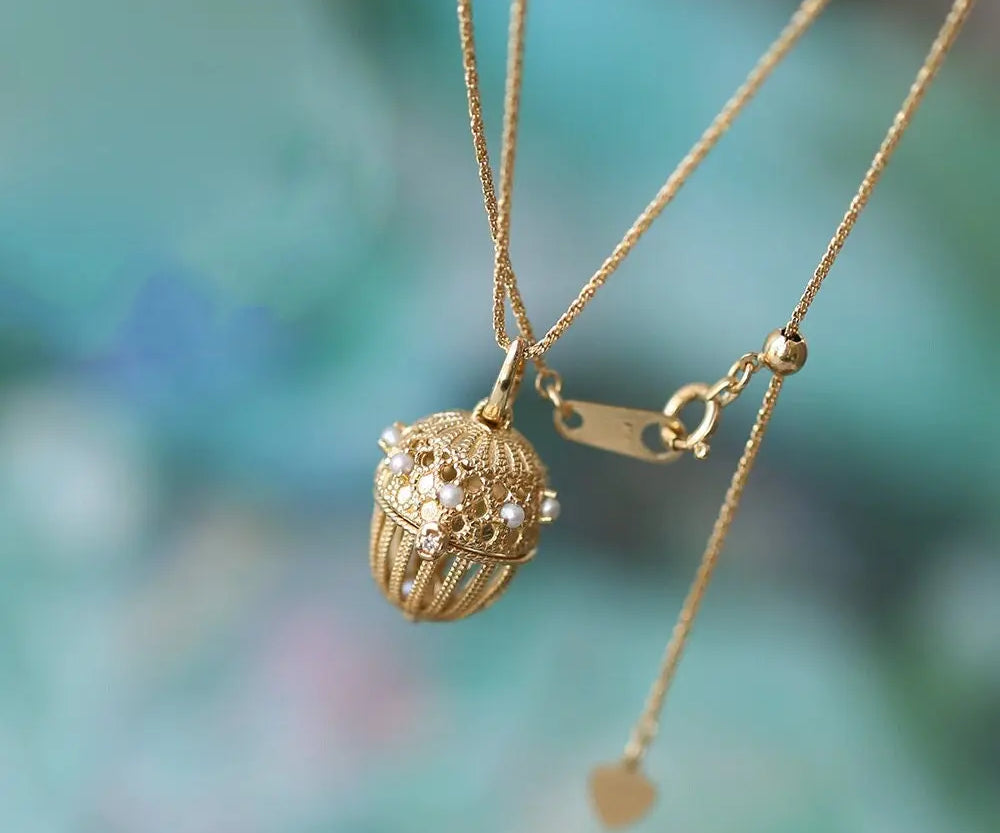 18K Gold Carved Cage Necklace - Akoya Pearl Pendant Etsy