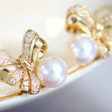 Natural White Diamond & Akoya White Pink Pearl Earrings, 18k Solid Yellow Gold Handmade Earrings, Bowknot Earrings, Anniversary Gift Idea Etsy