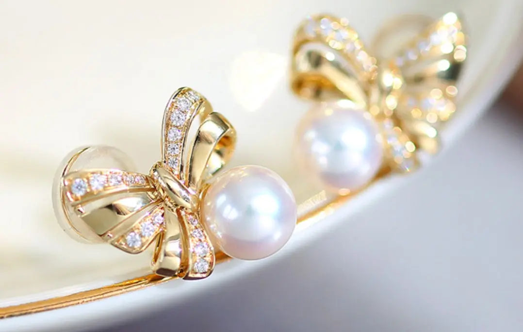 Natural White Diamond & Akoya White Pink Pearl Earrings, 18k Solid Yellow Gold Handmade Earrings, Bowknot Earrings, Anniversary Gift Idea Etsy