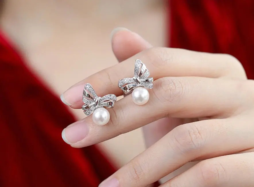 Natural White Diamond & Akoya White Pink Pearl Earrings, 18k Solid Yellow Gold Handmade Earrings, Bowknot Earrings, Anniversary Gift Idea Etsy