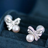 Natural White Diamond & Akoya White Pink Pearl Earrings, 18k Solid Yellow Gold Handmade Earrings, Bowknot Earrings, Anniversary Gift Idea Etsy
