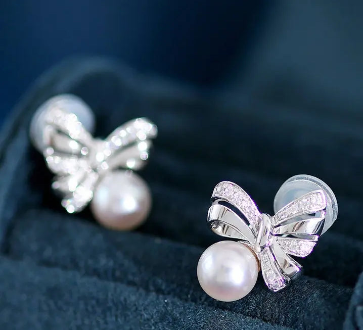 Natural White Diamond & Akoya White Pink Pearl Earrings, 18k Solid Yellow Gold Handmade Earrings, Bowknot Earrings, Anniversary Gift Idea Etsy