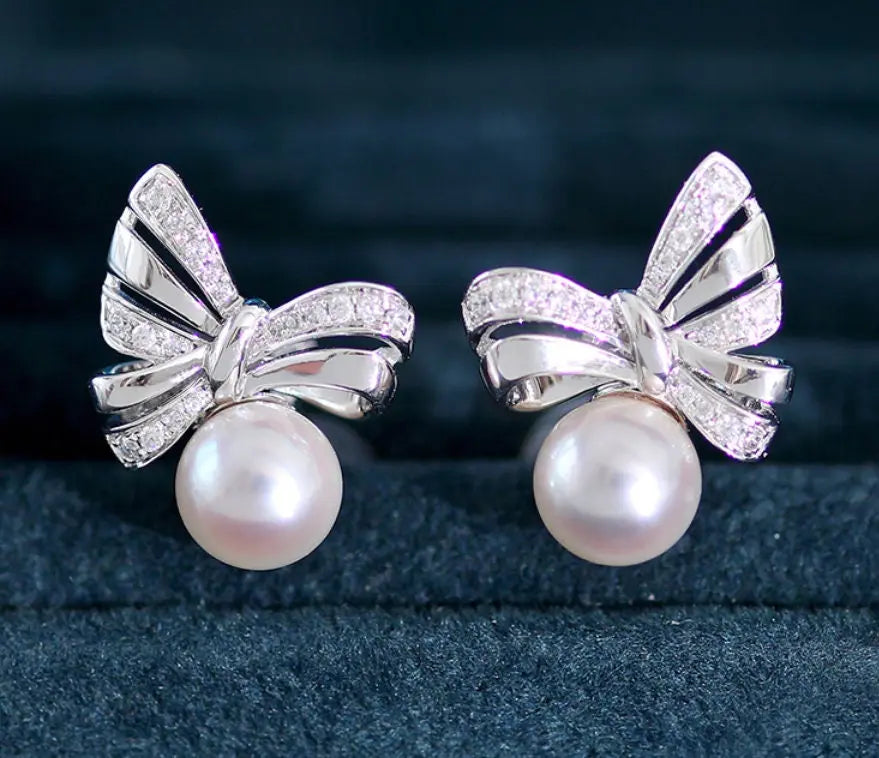 Natural White Diamond & Akoya White Pink Pearl Earrings, 18k Solid Yellow Gold Handmade Earrings, Bowknot Earrings, Anniversary Gift Idea Etsy