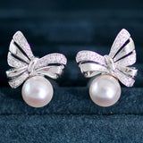 Natural White Diamond & Akoya White Pink Pearl Earrings, 18k Solid Yellow Gold Handmade Earrings, Bowknot Earrings, Anniversary Gift Idea Etsy