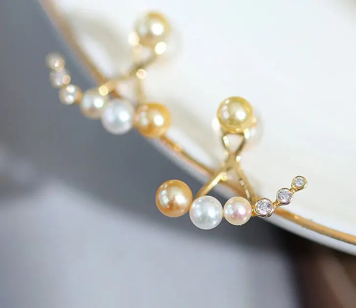 4mm Akoya Golden Baby Pearl & Diamonds Earrings - 18K Gold Etsy