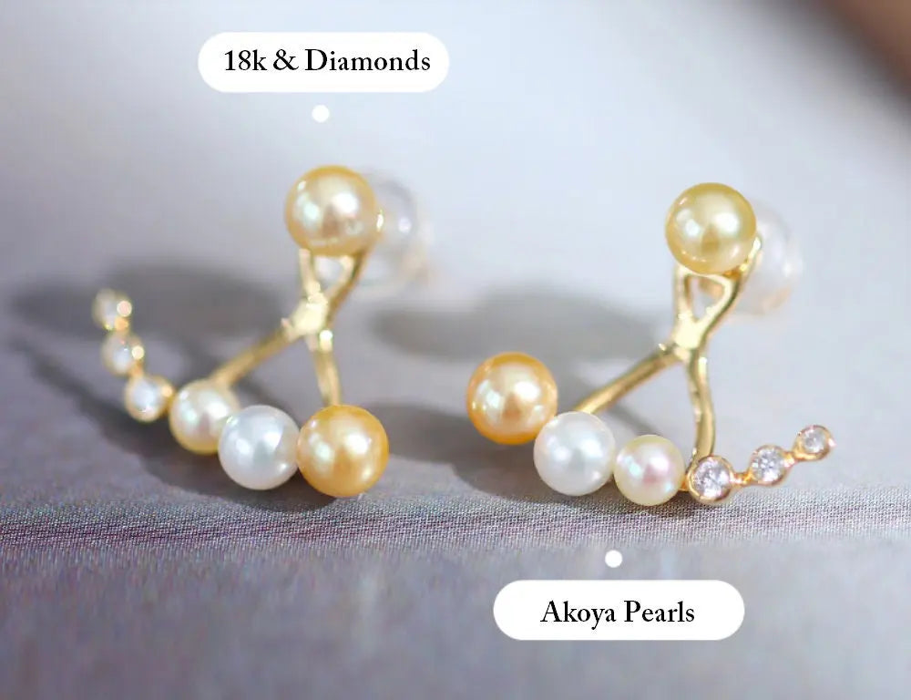 4mm Akoya Golden Baby Pearl & Diamonds Earrings - 18K Gold Etsy