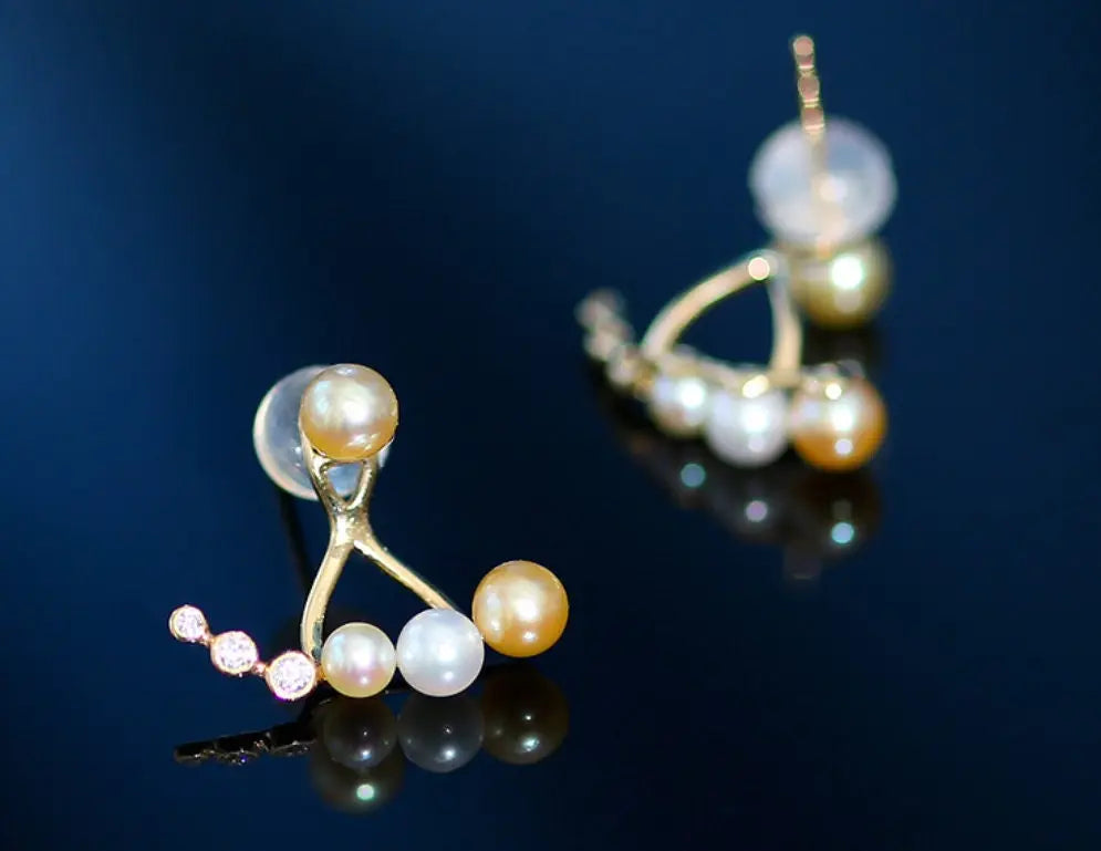 4mm Akoya Golden Baby Pearl & Diamonds Earrings - 18K Gold Etsy