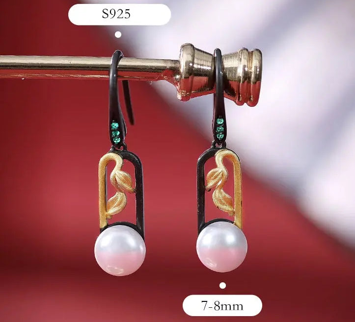 5A+ High Luster White Pearl 10mm Earrings Handmade Black Rhodium Plated Silver 925 Orient Style Pearl Earrings, Leaf Earrings, Gift Idea Etsy