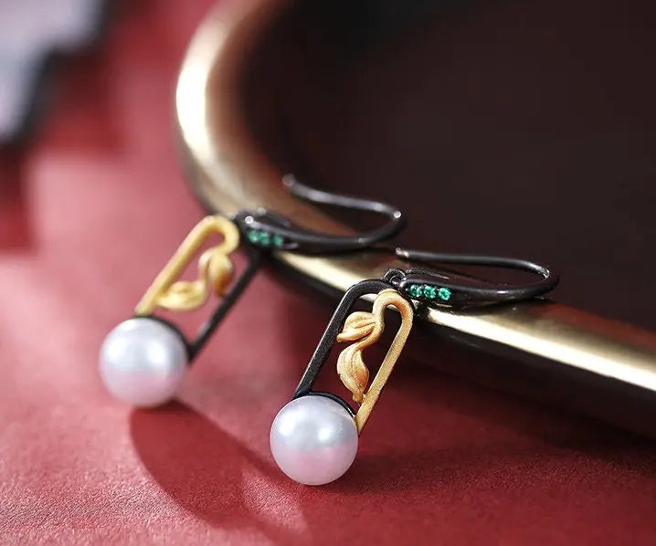 5A+ High Luster White Pearl 10mm Earrings Handmade Black Rhodium Plated Silver 925 Orient Style Pearl Earrings, Leaf Earrings, Gift Idea Etsy