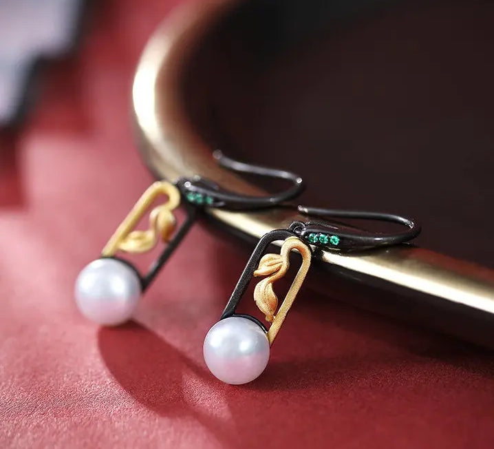 5A+ High Luster White Pearl 10mm Earrings Handmade Black Rhodium Plated Silver 925 Orient Style Pearl Earrings, Leaf Earrings, Gift Idea Etsy