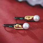 5A+ High Luster White Pearl 10mm Earrings Handmade Black Rhodium Plated Silver 925 Orient Style Pearl Earrings, Leaf Earrings, Gift Idea Etsy