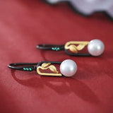 5A+ High Luster White Pearl 10mm Earrings Handmade Black Rhodium Plated Silver 925 Orient Style Pearl Earrings, Leaf Earrings, Gift Idea Etsy