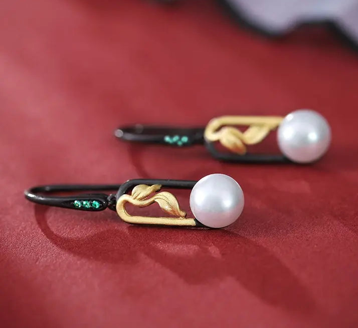 5A+ High Luster White Pearl 10mm Earrings Handmade Black Rhodium Plated Silver 925 Orient Style Pearl Earrings, Leaf Earrings, Gift Idea Etsy