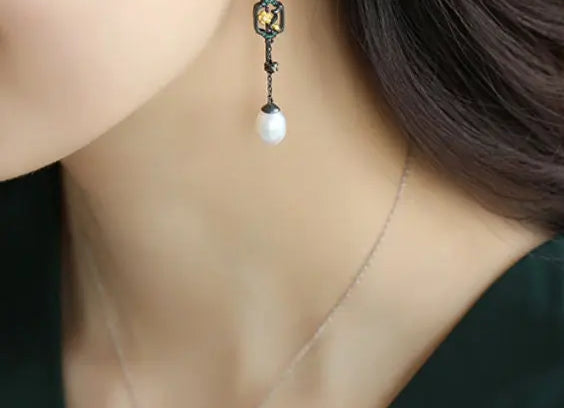 5A+ High Luster White Pearl 10mm Earrings Handmade Black Rhodium Plated Silver 925 Orient Style Pearl Earrings, Flower Earrings, Gift Idea Etsy