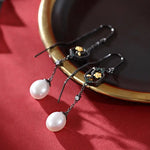 5A+ High Luster White Pearl 10mm Earrings Handmade Black Rhodium Plated Silver 925 Orient Style Pearl Earrings, Flower Earrings, Gift Idea Etsy