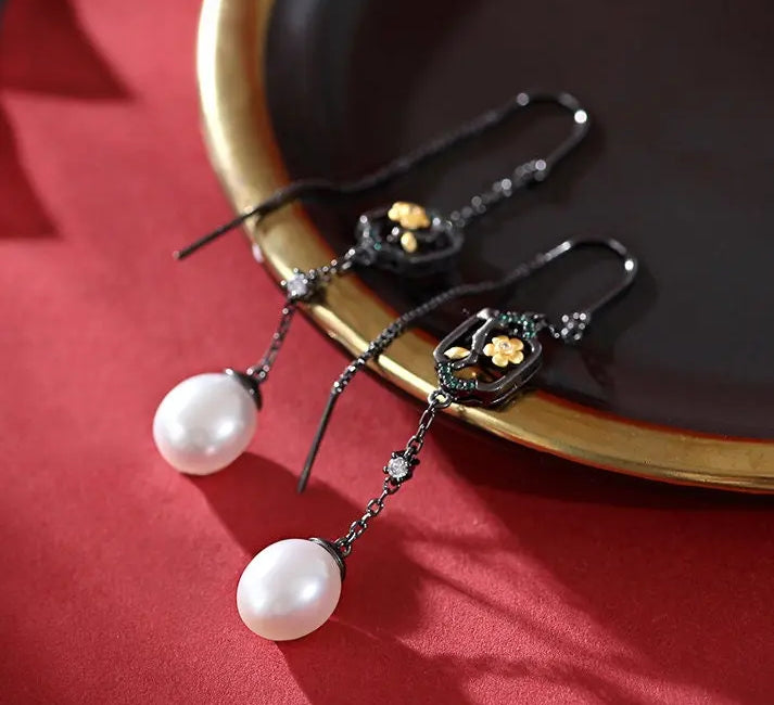 5A+ High Luster White Pearl 10mm Earrings Handmade Black Rhodium Plated Silver 925 Orient Style Pearl Earrings, Flower Earrings, Gift Idea Etsy