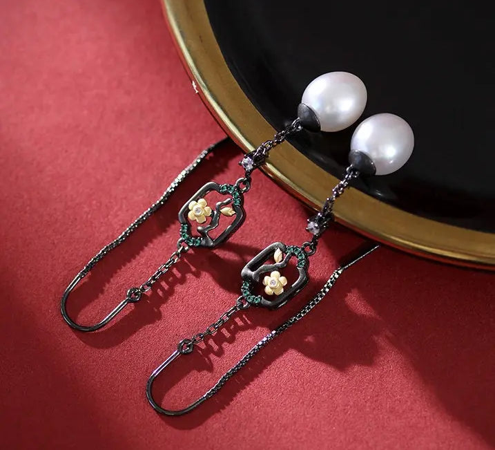 5A+ High Luster White Pearl 10mm Earrings Handmade Black Rhodium Plated Silver 925 Orient Style Pearl Earrings, Flower Earrings, Gift Idea Etsy