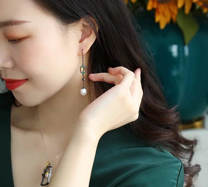 5A+ High Luster White Pearl 10mm Earrings Handmade Black Rhodium Plated Silver 925 Orient Style Pearl Earrings, Flower Earrings, Gift Idea Etsy