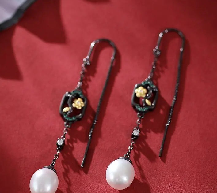 5A+ High Luster White Pearl 10mm Earrings Handmade Black Rhodium Plated Silver 925 Orient Style Pearl Earrings, Flower Earrings, Gift Idea Etsy