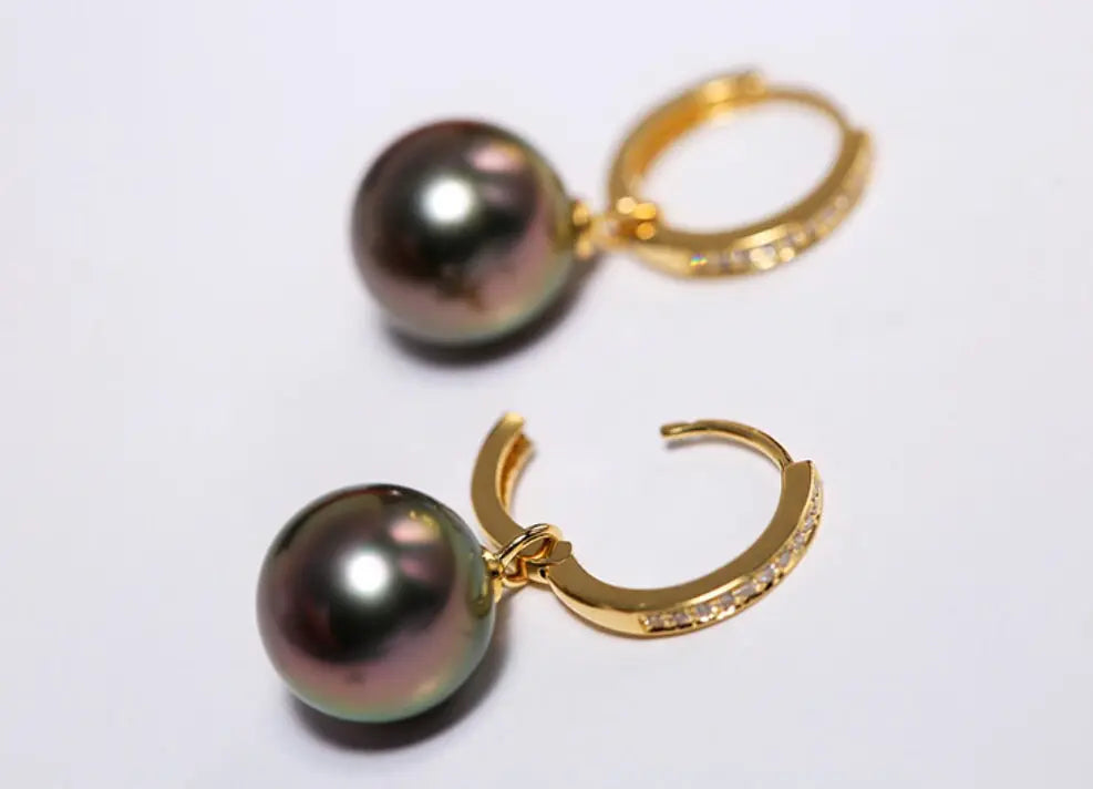 5A+ Natural Tahitian Pearls & White Diamond 18K Solid Yellow Gold Black Pearl Earrings, Seawater Peacock Green Pearl Earrings, Gift Idea Etsy