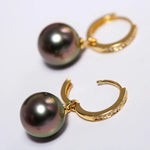 5A+ Natural Tahitian Pearls & White Diamond 18K Solid Yellow Gold Black Pearl Earrings, Seawater Peacock Green Pearl Earrings, Gift Idea Etsy