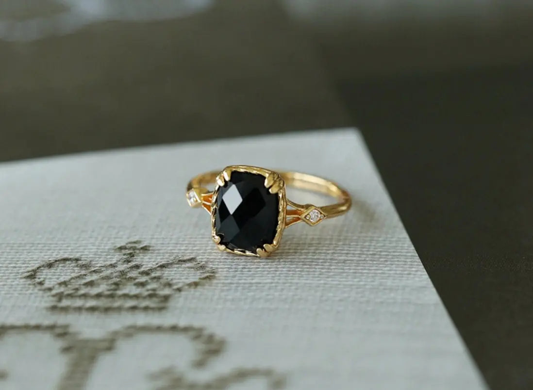 Natural Black Onyx Ring Handmade 18K Solid Yellow Gold Ring, Gift for Her, Anniversary Gift Idea, Retro Fine Jewelry - LaCorserArtJewelry