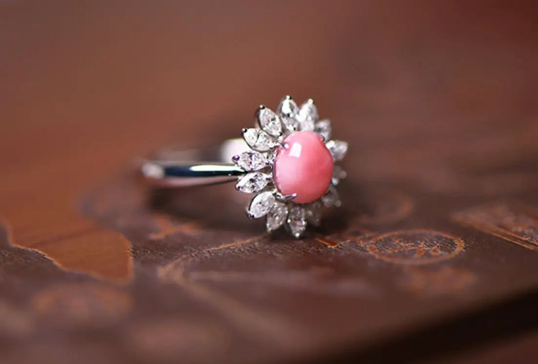 Queen Conch Pearl & Marquise White Diamond 18k Solid White Gold Ring (Customize), Strombus Gigas, Flamed Pink Pearls, Engagement ring Etsy