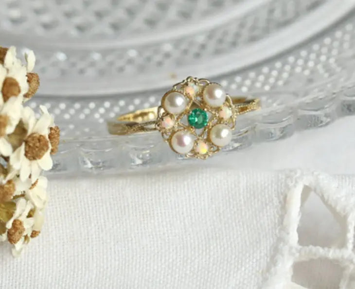 Emerald & Pearl, Opal Ring Handmade 18K Solid Yellow Gold Ring, Cluster Rings, Anniversary Gift Idea, Retro Jewelry Etsy