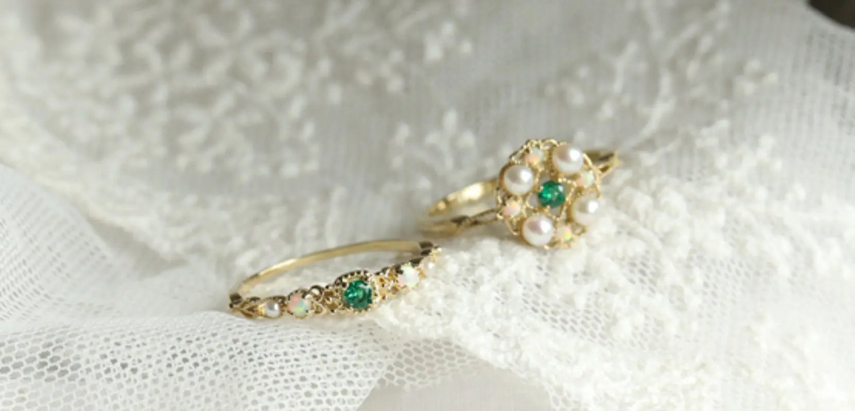 Emerald & Pearl, Opal Ring Handmade 18K Solid Yellow Gold Ring, Cluster Rings, Anniversary Gift Idea, Retro Jewelry Etsy