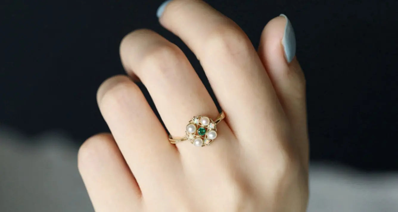 Emerald & Pearl, Opal Ring Handmade 18K Solid Yellow Gold Ring, Cluster Rings, Anniversary Gift Idea, Retro Jewelry Etsy
