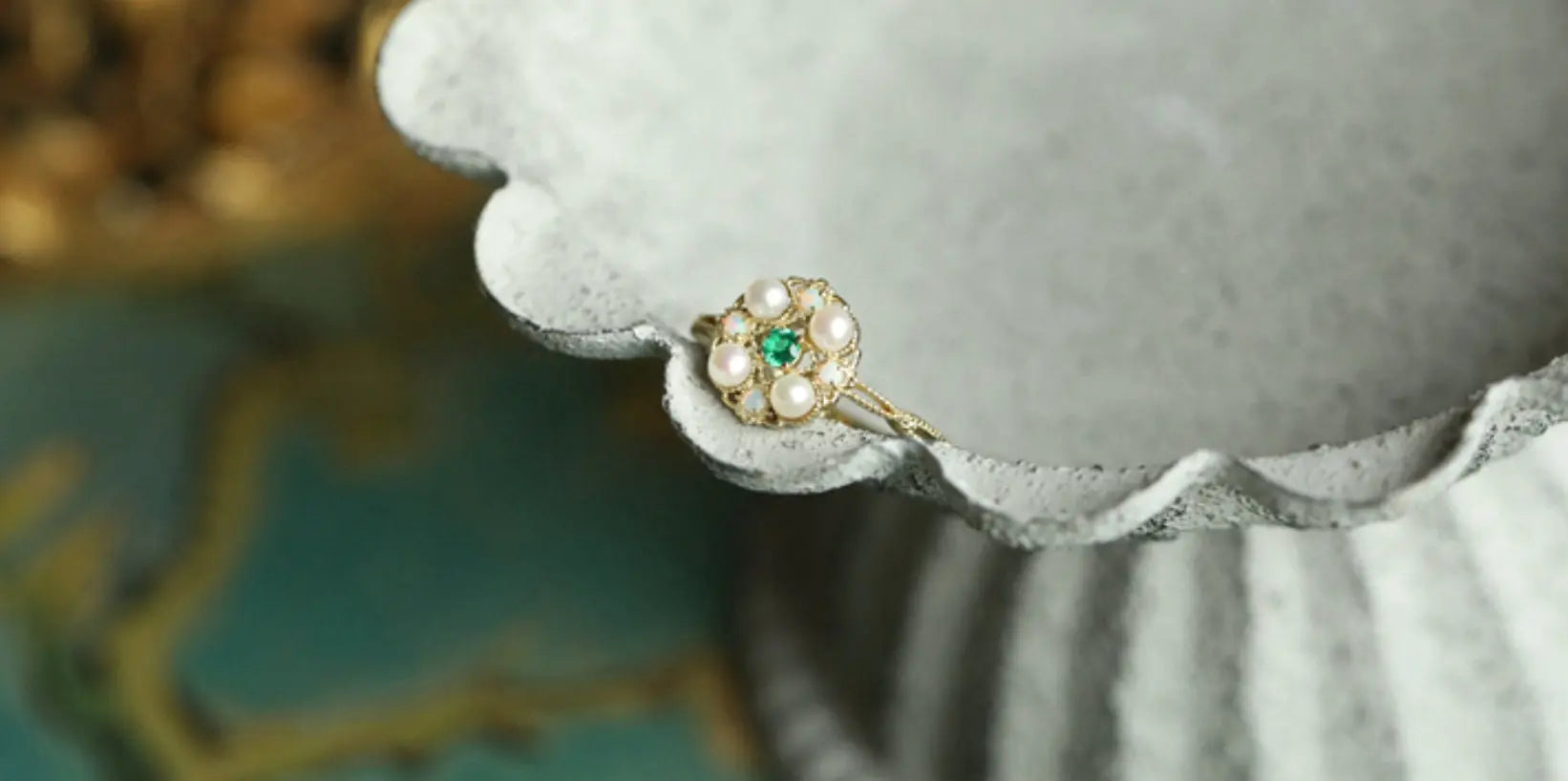 Emerald & Pearl, Opal Ring Handmade 18K Solid Yellow Gold Ring, Cluster Rings, Anniversary Gift Idea, Retro Jewelry Etsy