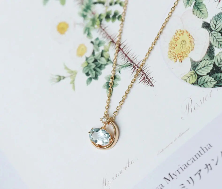 Natural Aquamarine Oval Shape & White Diamond Necklace 18K Solid Yellow Gold Necklace, Fine Jewelry, Gift for Her, Retro Fine Jewelry Etsy