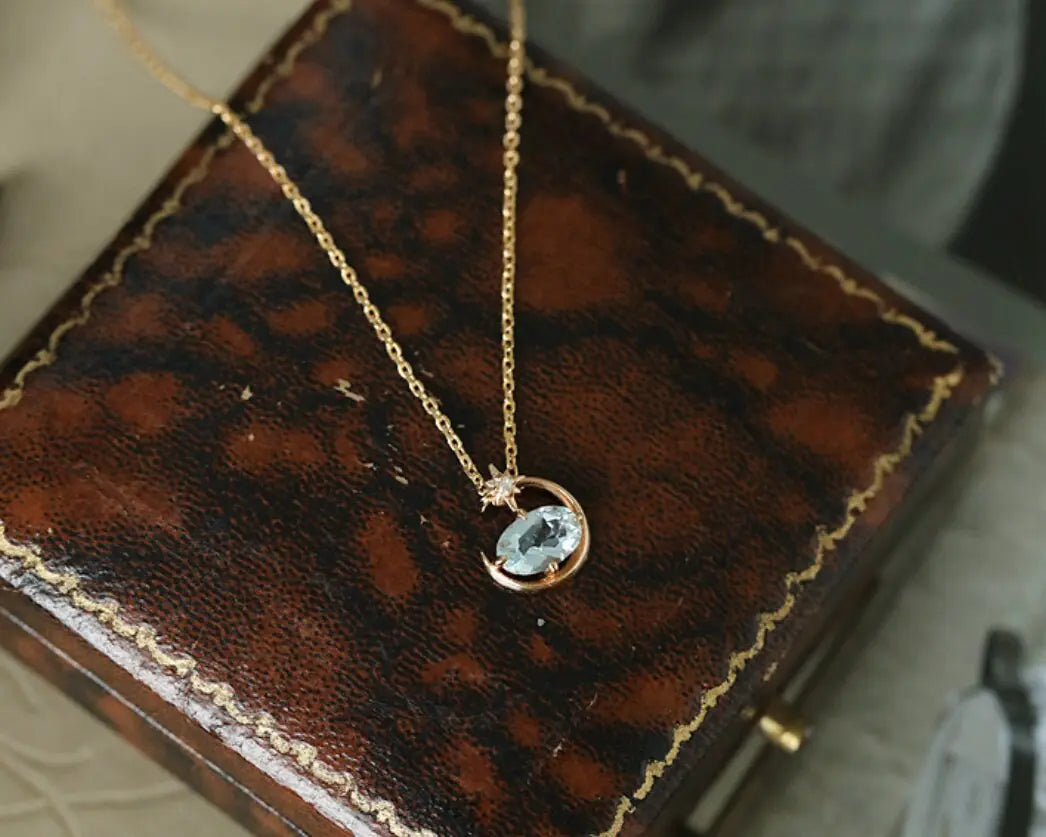 Natural Aquamarine Oval Shape & White Diamond Necklace 18K Solid Yellow Gold Necklace, Fine Jewelry, Gift for Her, Retro Fine Jewelry Etsy