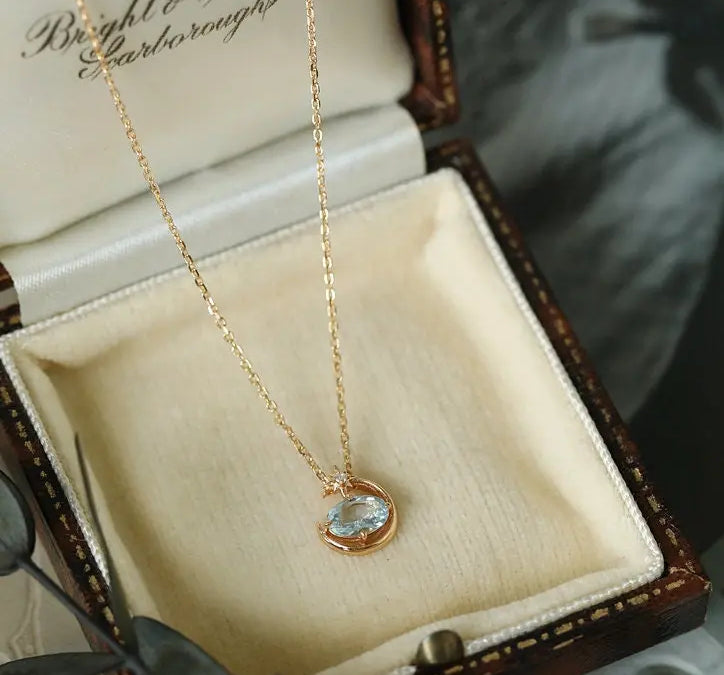Natural Aquamarine Oval Shape & White Diamond Necklace 18K Solid Yellow Gold Necklace, Fine Jewelry, Gift for Her, Retro Fine Jewelry Etsy
