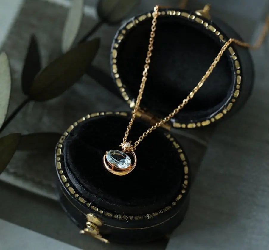 Natural Aquamarine Oval Shape & White Diamond Necklace 18K Solid Yellow Gold Necklace, Fine Jewelry, Gift for Her, Retro Fine Jewelry Etsy