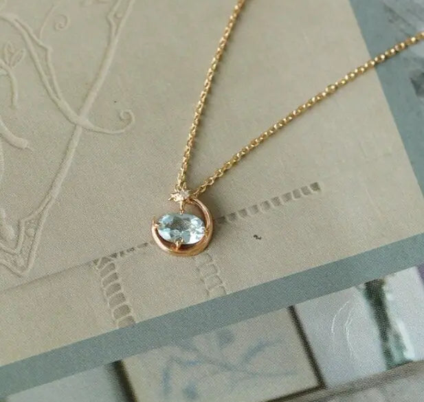 Natural Aquamarine Oval Shape & White Diamond Necklace 18K Solid Yellow Gold Necklace, Fine Jewelry, Gift for Her, Retro Fine Jewelry Etsy