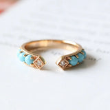 Natural Turquoise Cabochen & White Diamond Ring Handmade 18K Solid Yellow Gold Open Ring, Carved Ring, Anniversary Gift Idea, Retro Jewelry - LaCorserArtJewelry