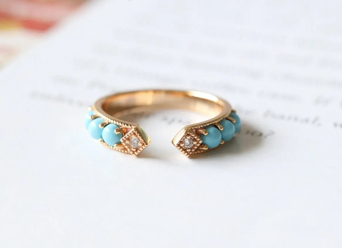 Natural Turquoise Cabochen & White Diamond Ring Handmade 18K Solid Yellow Gold Open Ring, Carved Ring, Anniversary Gift Idea, Retro Jewelry - LaCorserArtJewelry