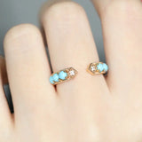 Natural Turquoise Cabochen & White Diamond Ring Handmade 18K Solid Yellow Gold Open Ring, Carved Ring, Anniversary Gift Idea, Retro Jewelry - LaCorserArtJewelry