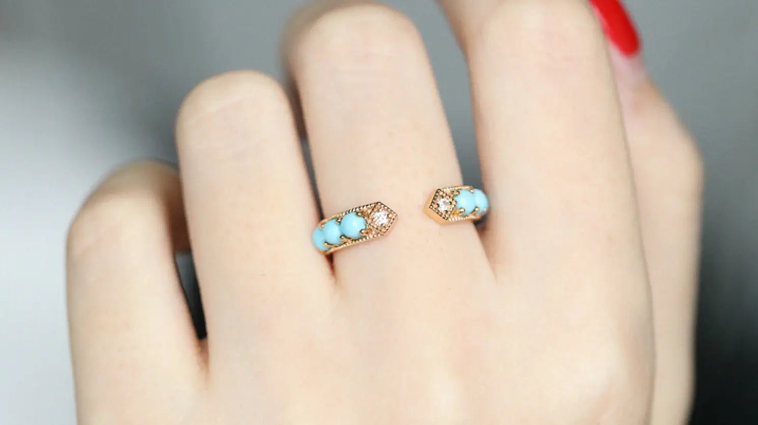 Natural Turquoise Cabochen & White Diamond Ring Handmade 18K Solid Yellow Gold Open Ring, Carved Ring, Anniversary Gift Idea, Retro Jewelry - LaCorserArtJewelry