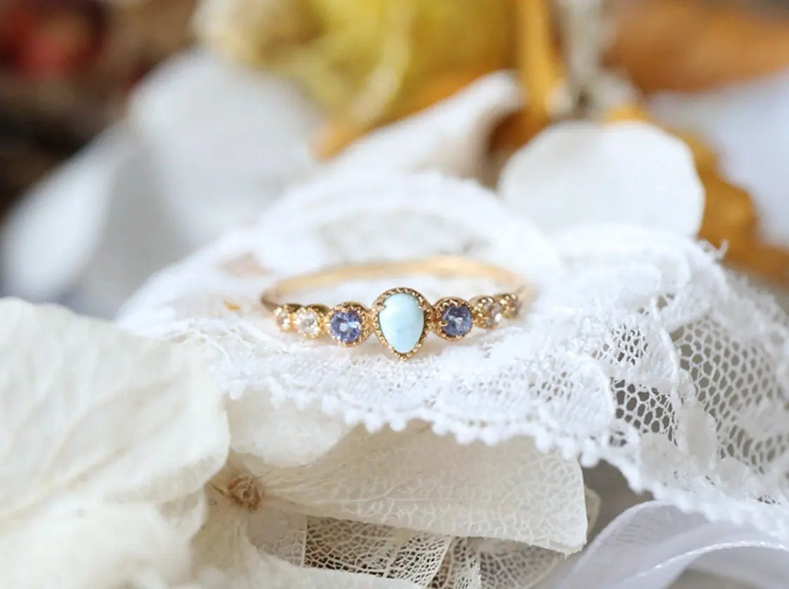 Natural Topaz & Larimar Tanzanite Ring Handmade 18K Solid Yellow Gold Ring, Cluster Rings, Anniversary Gift Idea, Retro Jewelry Etsy