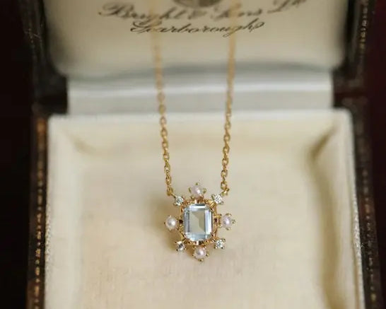 Natural Topaz & White Diamond Pearl Necklace Handmade 18K Solid Yellow Gold Topaz Necklace, Anniversary Gift Idea, Retro Fine Necklace Etsy