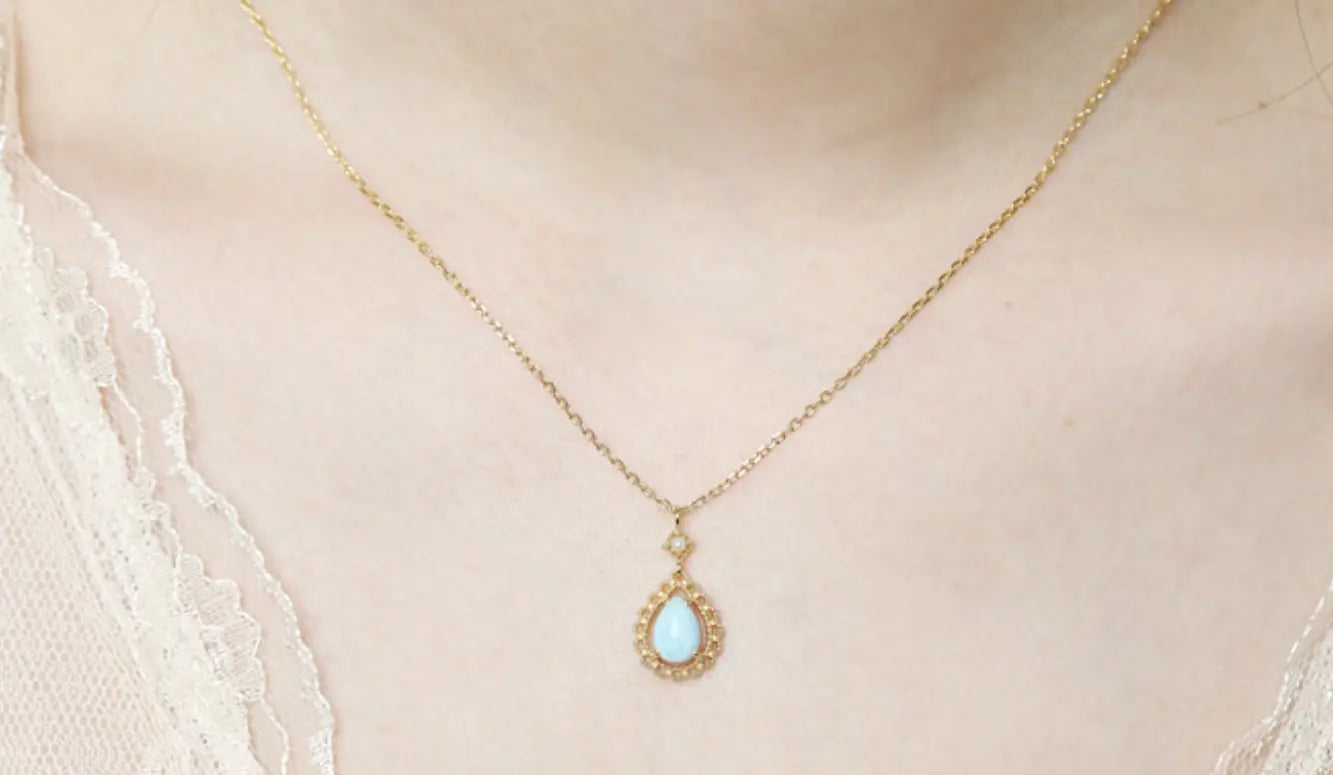 Natural Larimar Teardrop with Diamond Pearl Necklace & Ring 18K Solid Yellow Gold Necklace, Fine Jewelry, Gift for Her, Retro Fine Jewelry Etsy
