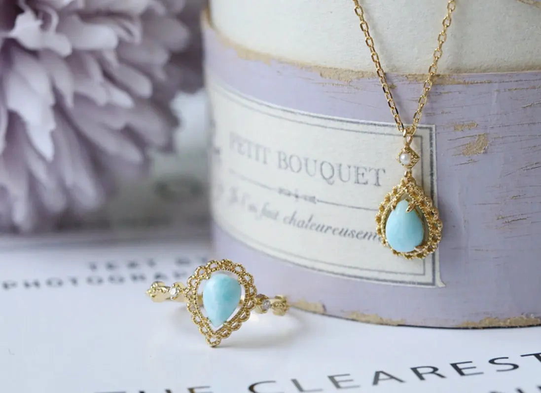 Natural Larimar Teardrop with Diamond Pearl Necklace & Ring 18K Solid Yellow Gold Necklace, Fine Jewelry, Gift for Her, Retro Fine Jewelry Etsy