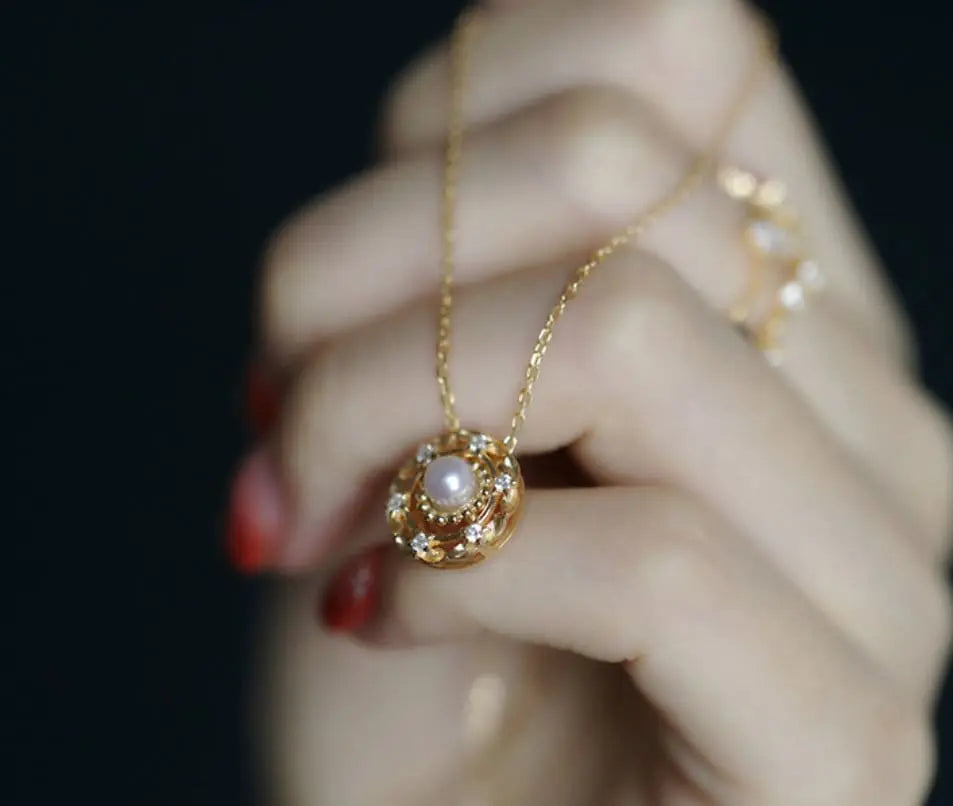 18K Yellow Gold White Pearl Diamond Necklace Etsy