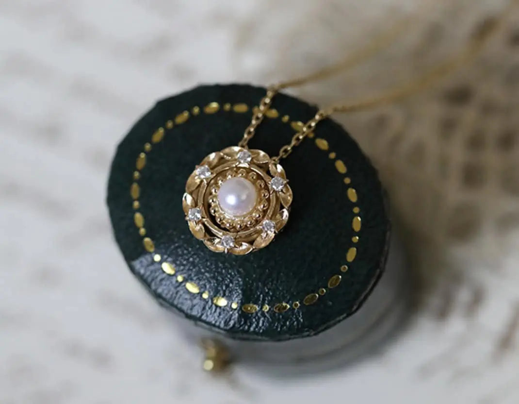 18K Yellow Gold White Pearl Diamond Necklace Etsy